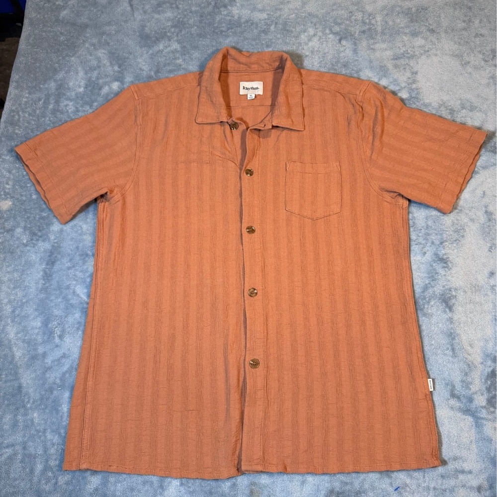Rhythm Crinkle Gauze Button Down Shirt XL Terracotta Short Sleeve Pocket